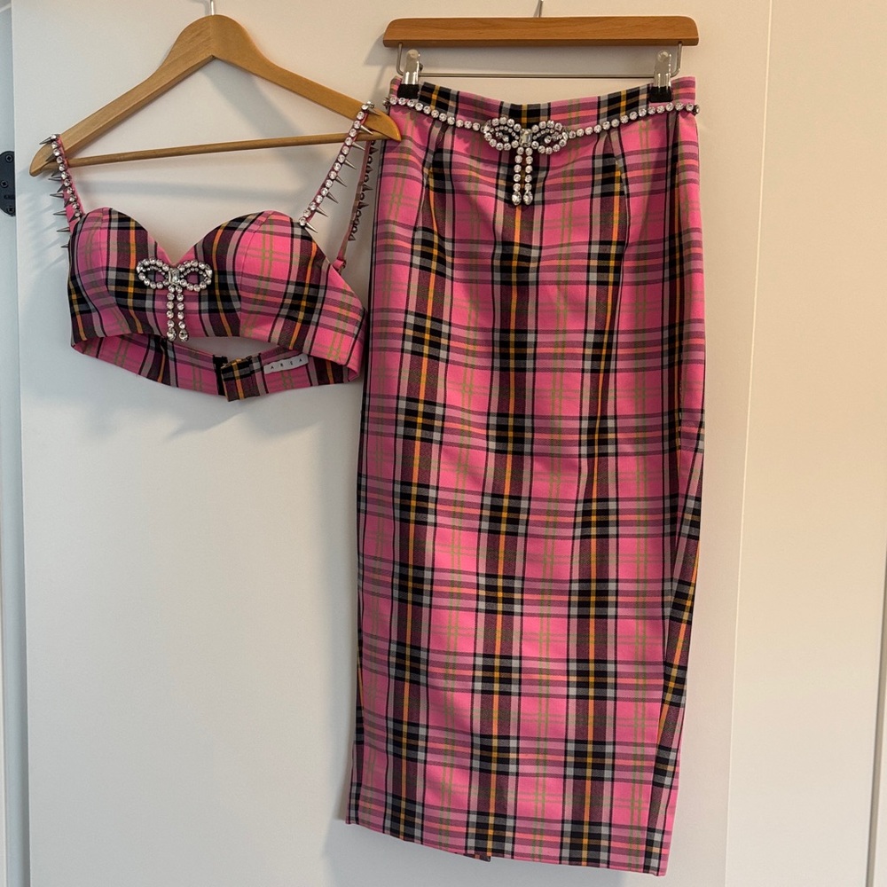 AREA Pink Plaid Pencil Skirt and bra set
